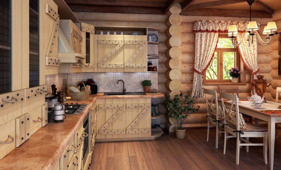 Кухня-гостиная 6х4 в деревянном доме