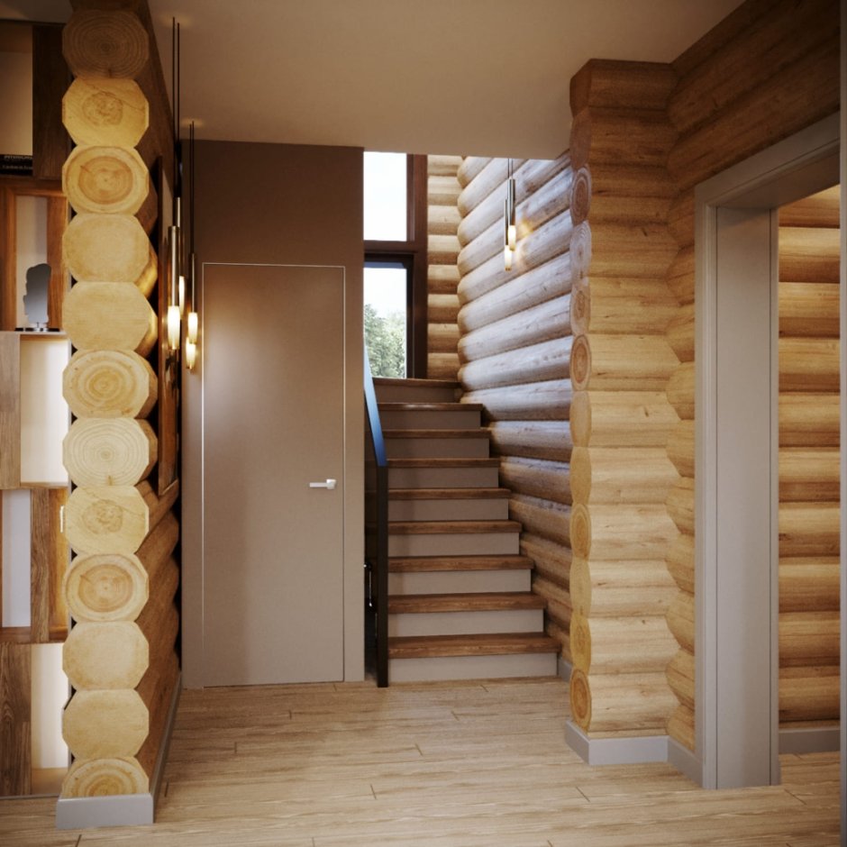 Деревянный дом из бревна интерьер с лестницей