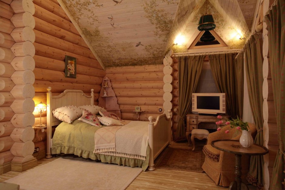 Спальня в стиле Кантри в деревянном доме