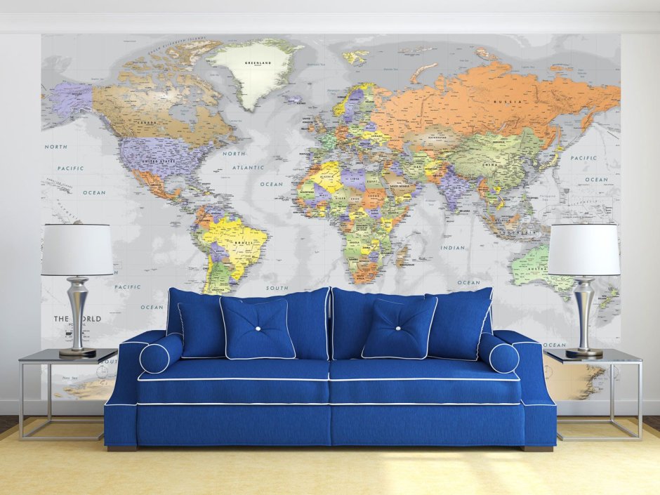 Изображение карты мира на стене интерьер