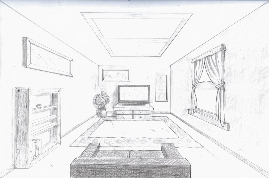 Рисунок интерьера комнаты во фронтальной перспективе