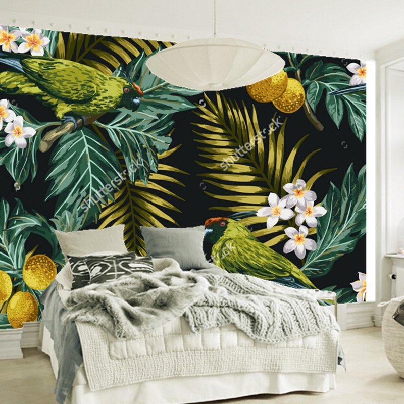 Спальня с тропическим принтом
