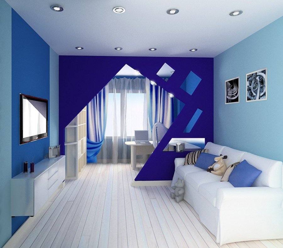 Потолок зонирование комнаты. Интерьер комнаты. Бело синий интерьер. Комната в синем цвете. Синий потолок в интерьере.