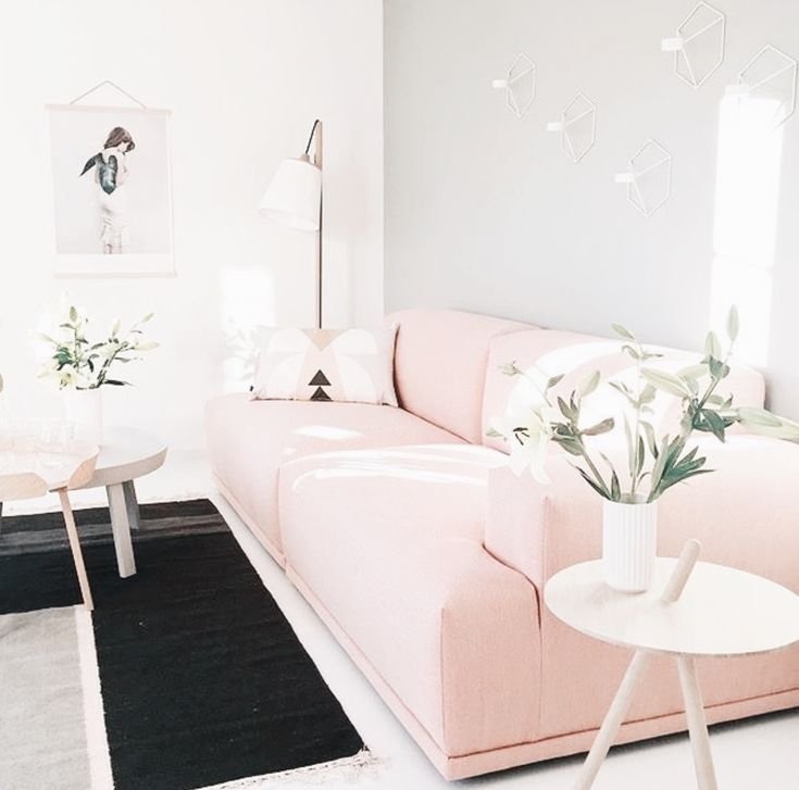 Розовый диван в интерьере гостиной (78 фото)