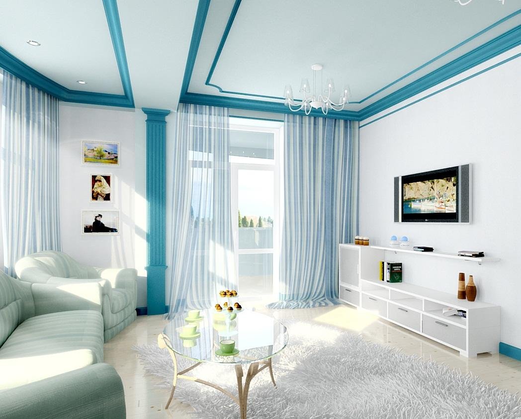 Бело голубой дизайн гостиной