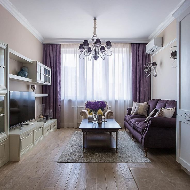 Гостиная с фиолетовым диваном (64 фото)