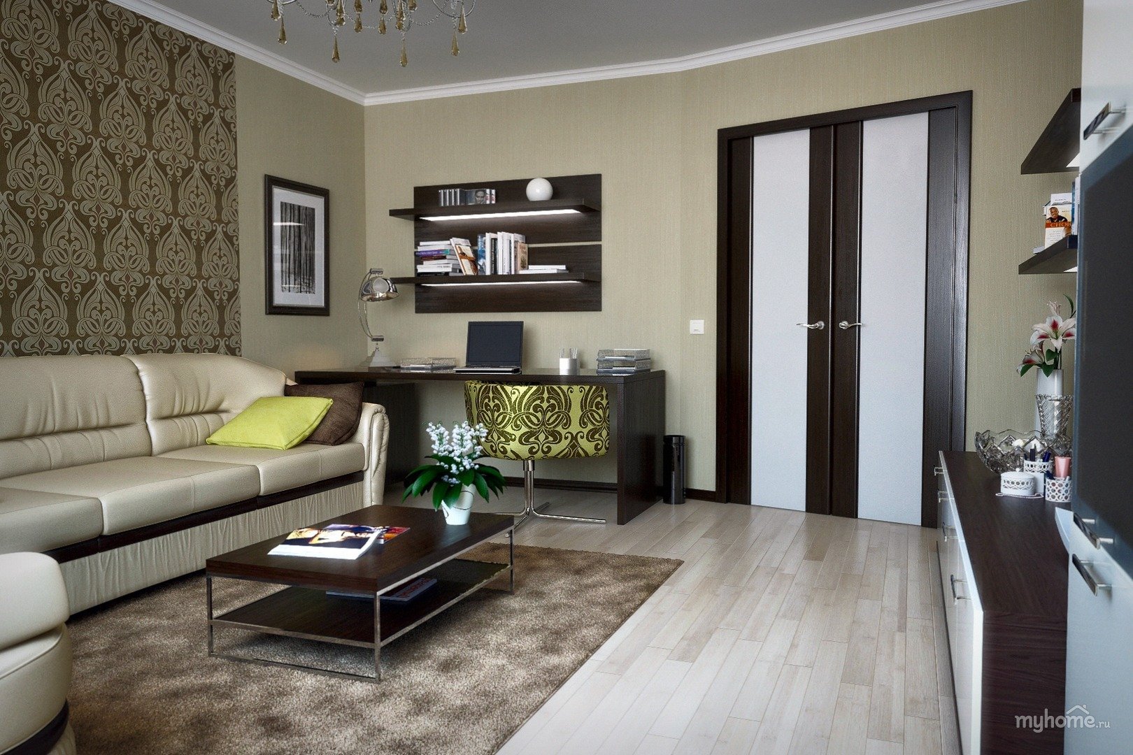 Интерьер зала с коричневой мебелью