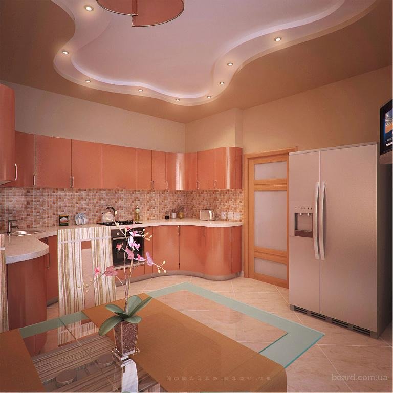 Персиковый цвет стен на кухне с коричневым гарнитуром фото