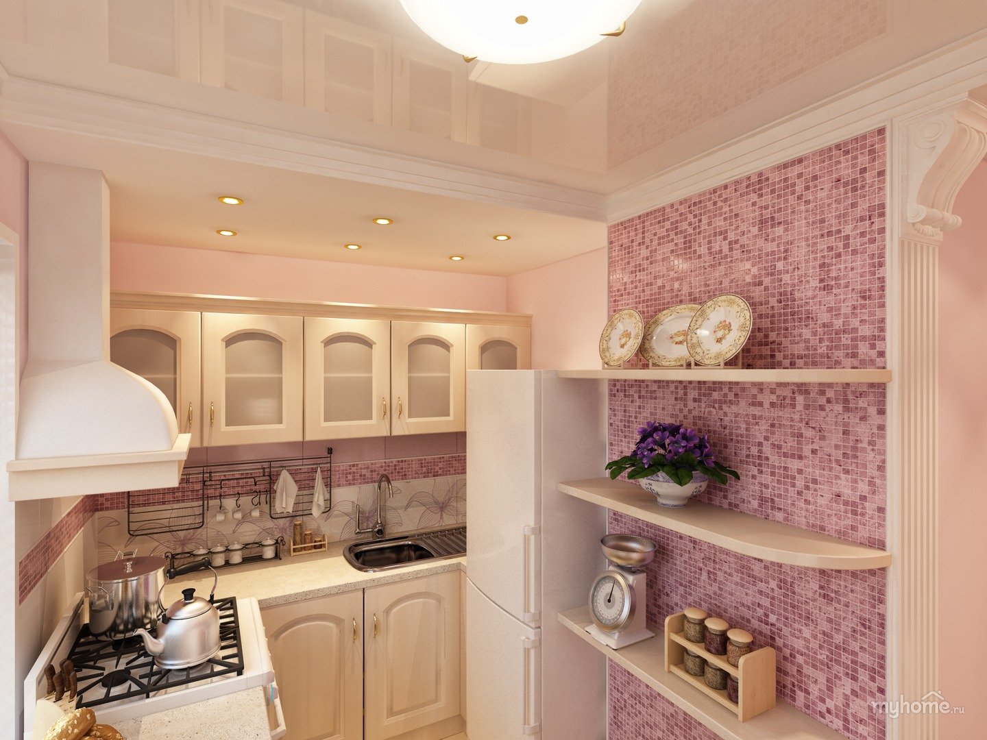 Кухня в бежевом розовом оттенках