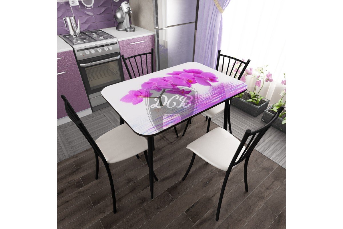 Купить кухонный стол саратов. Стол Орхидея Браво мебель. Стол кухонный фиолетовый. Столы и стулья для кухни с фотопечатью. Фиолетовый стол для кухни.