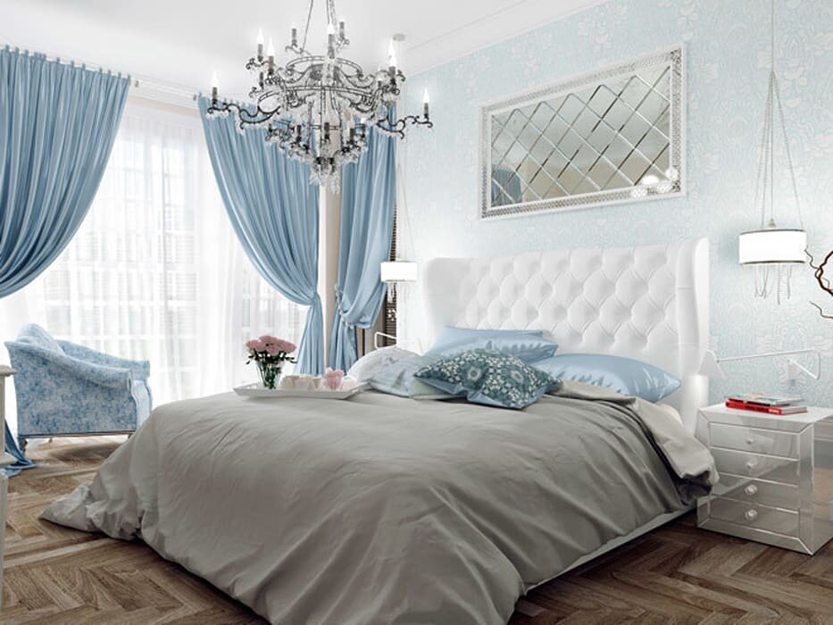 Синие шторы в спальне