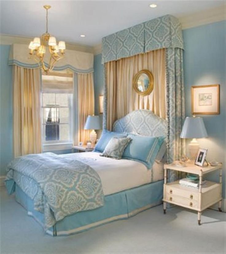 Интерьер спальни в бежево синих тонах фото