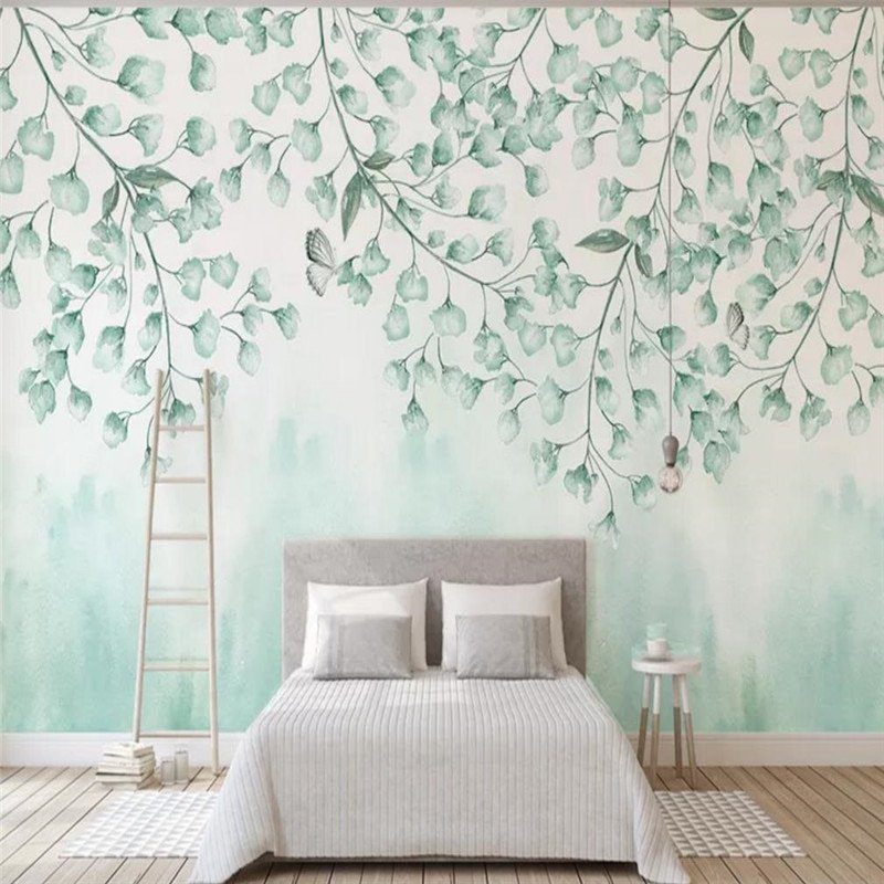 Фреска с листьями в спальне
