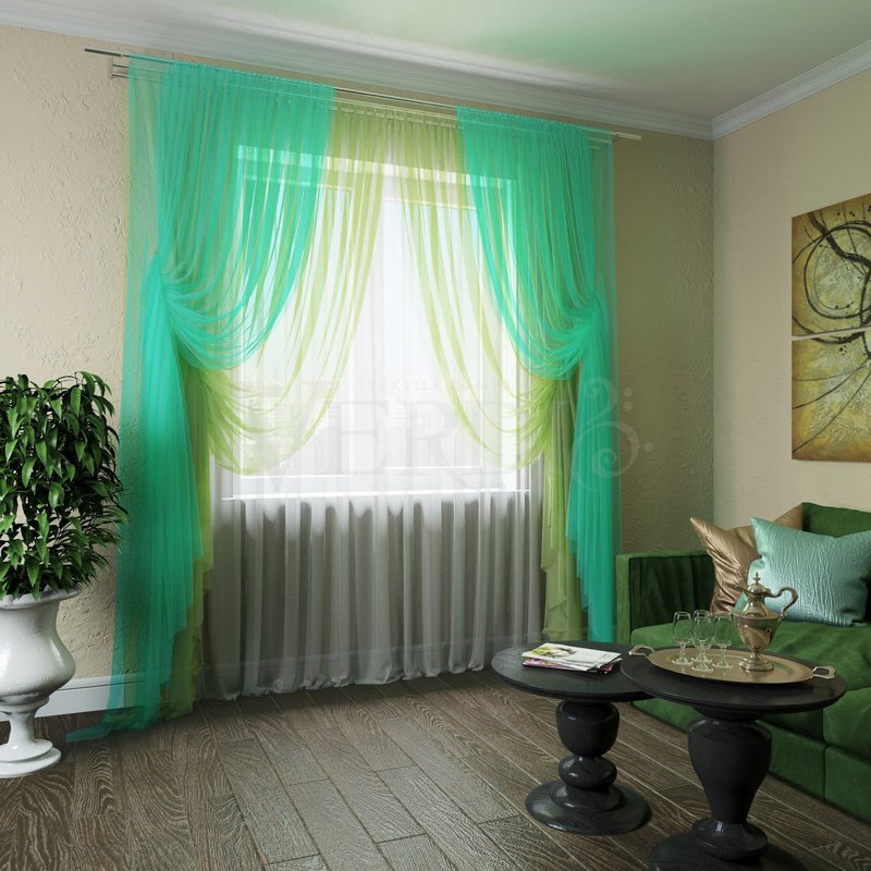 Гостиная с зелеными шторами