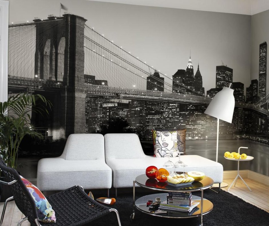 Фотообои Бруклинский мост черно белый в интерьере