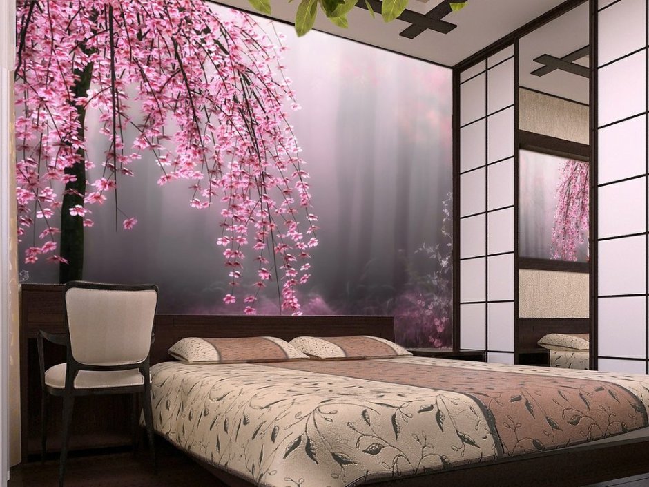 Обои Сакура в интерьере спальни в японском Восточном стиле