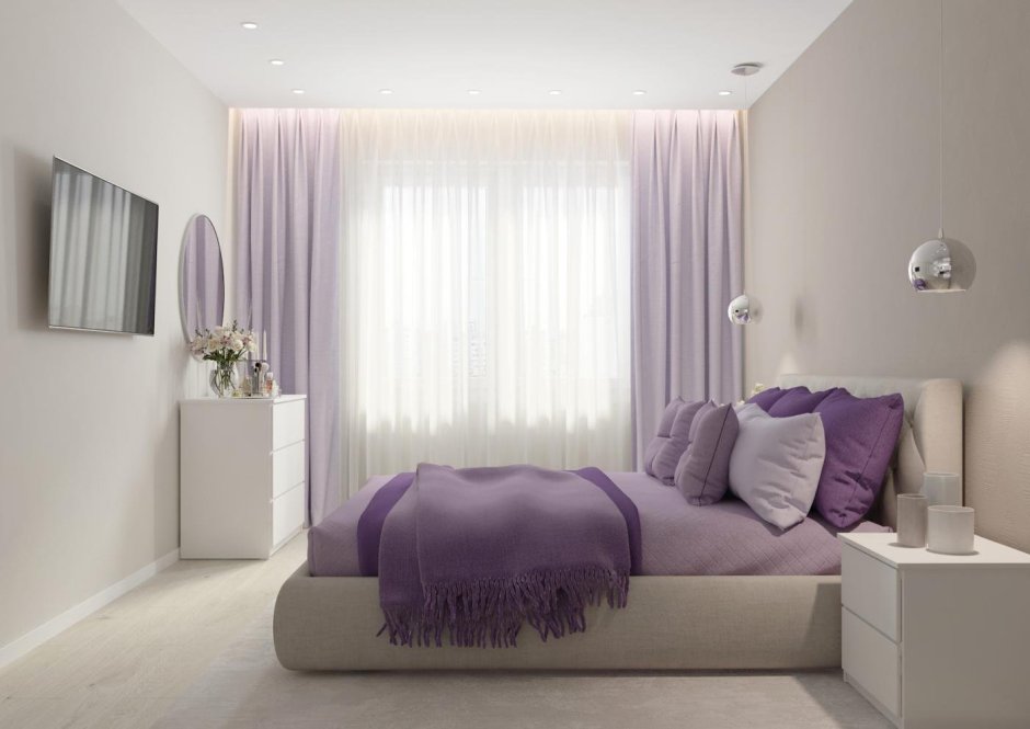 Интерьер спальни в серо фиолетовых тонах