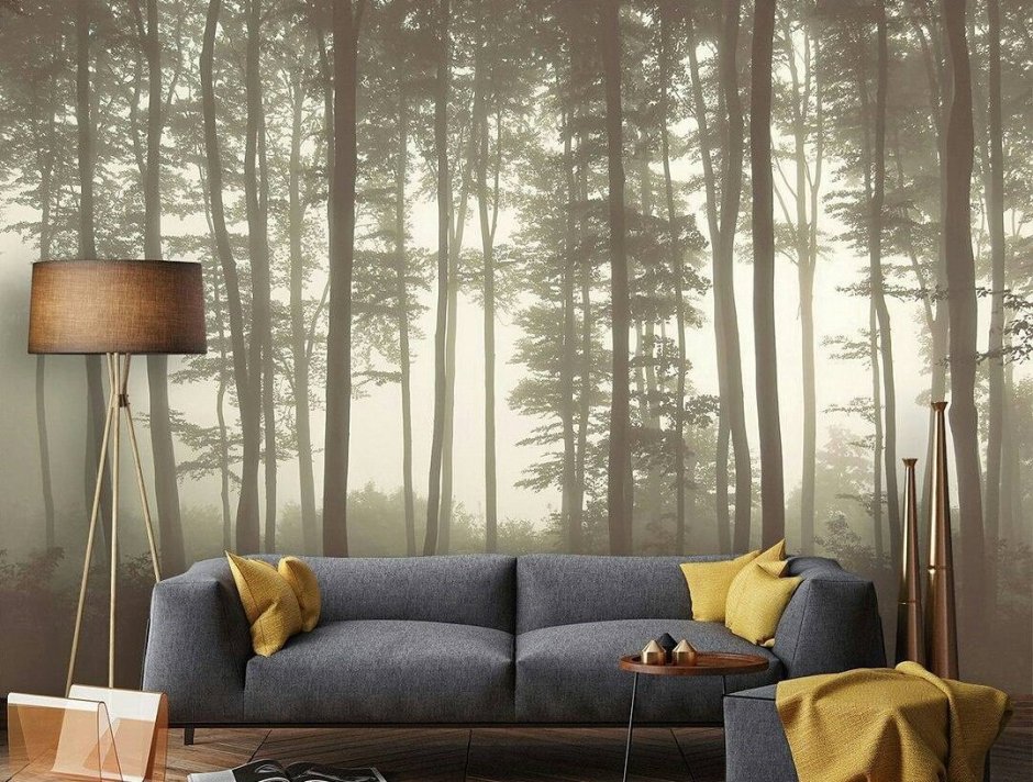Фотообои лес в тумане в интерьере гостиной