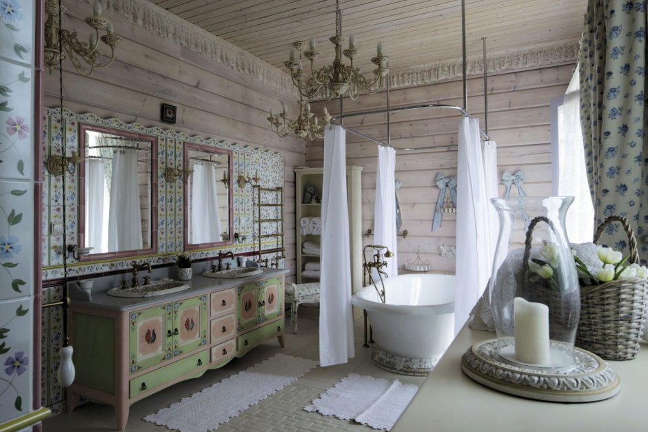 Ванная в стиле Прованс в бревенчатом доме