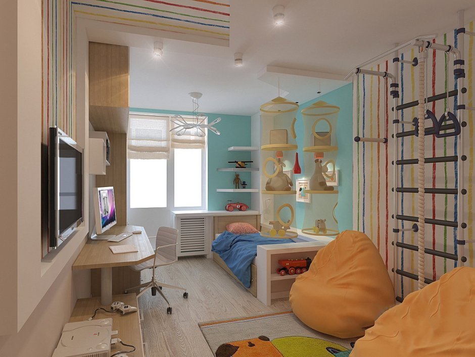 Детская комната дизайн для двух школьников в сине