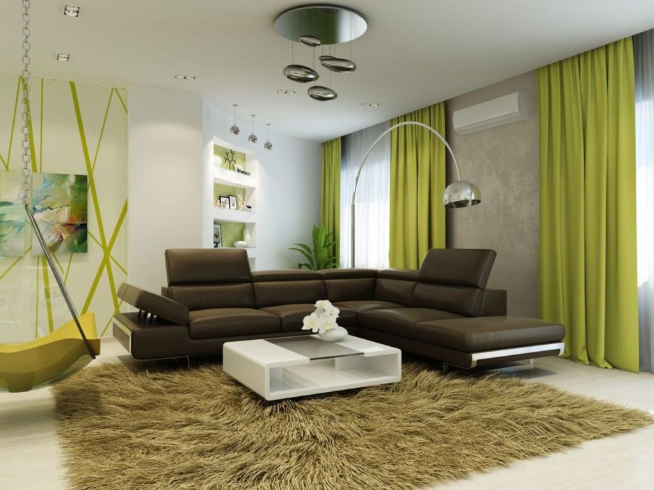 Интерьер комнаты с зеленым диваном (71 фото)
