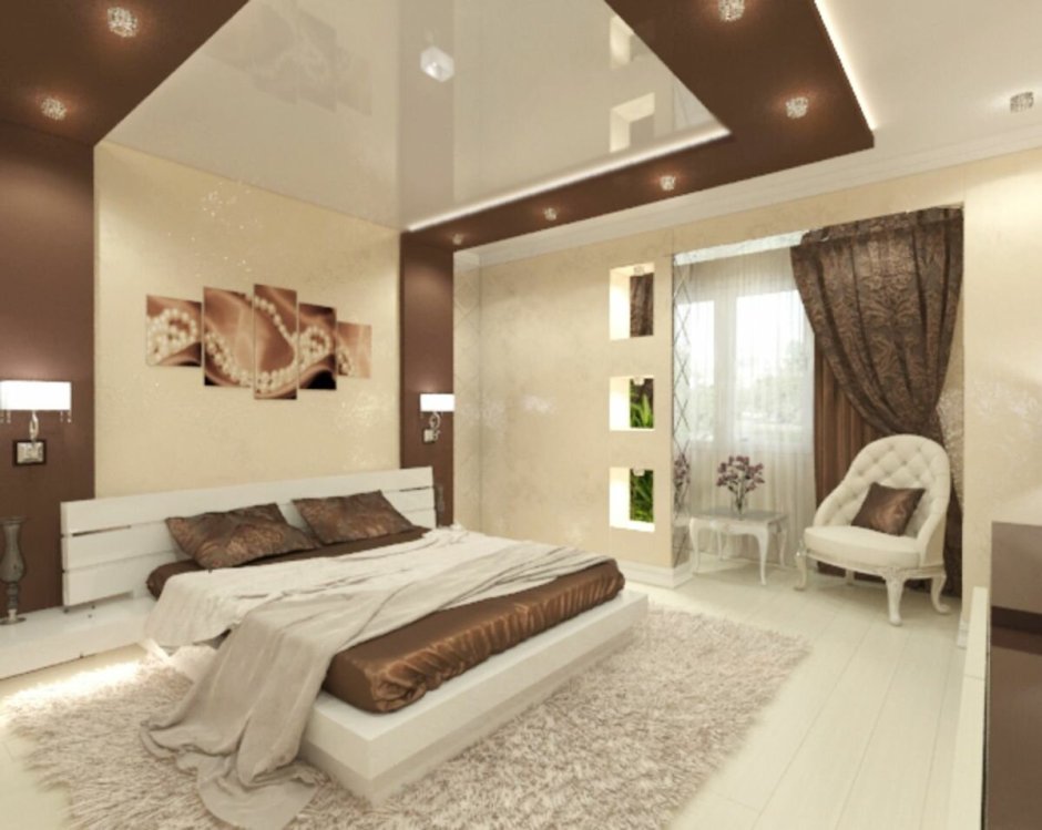 Бежево коричневая спальня