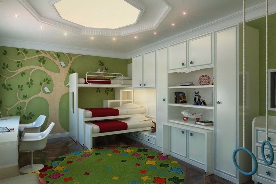 Интерьер маленькой комнаты для троих детей