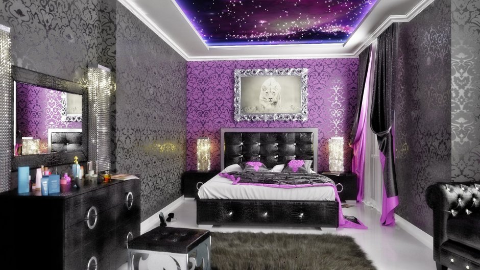 Уютная комната с подсветкой фиолетовой