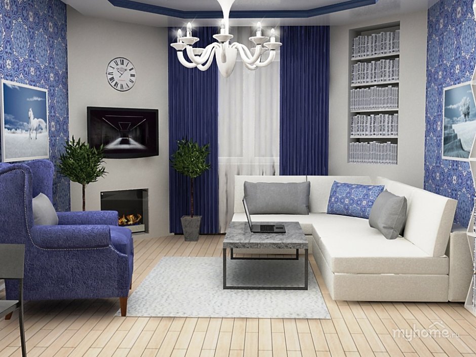 Декорации для интерьера синий диван