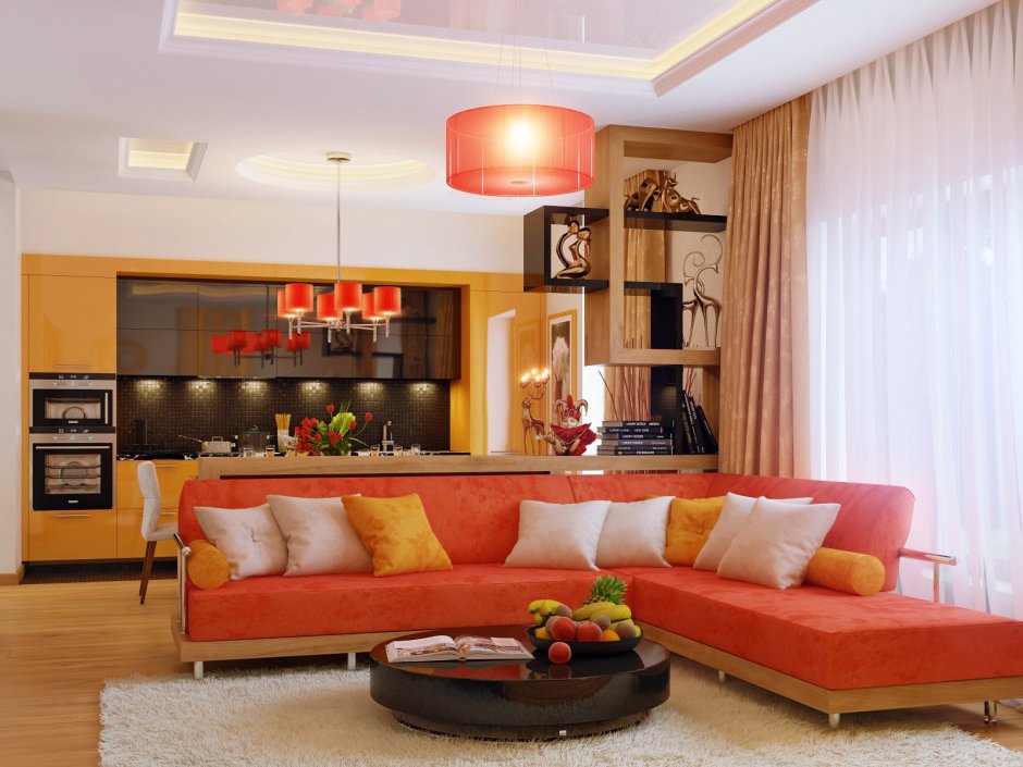 Терракотовый диван в интерьере гостиной