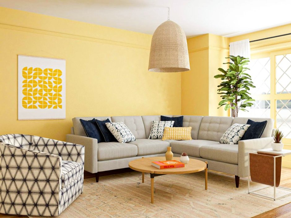 Интерьерные штучки для гостиной с желтым диваном