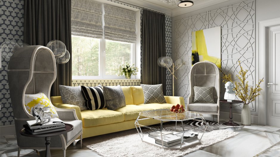 Желтый кожаный диван в интерьере
