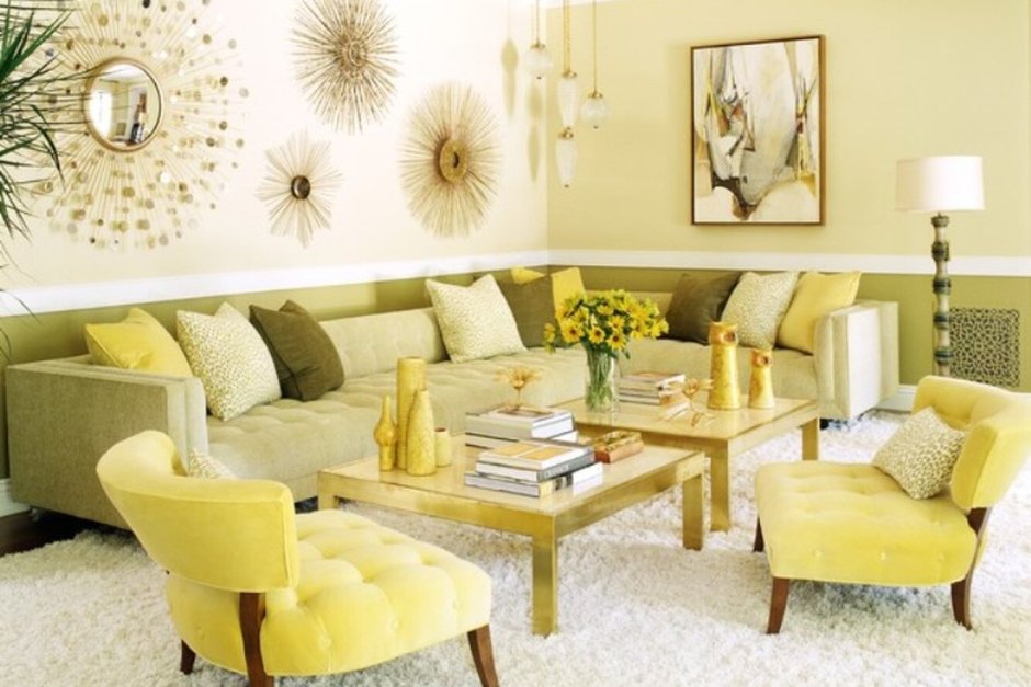 Гостиная с желтым диваном (72 фото)