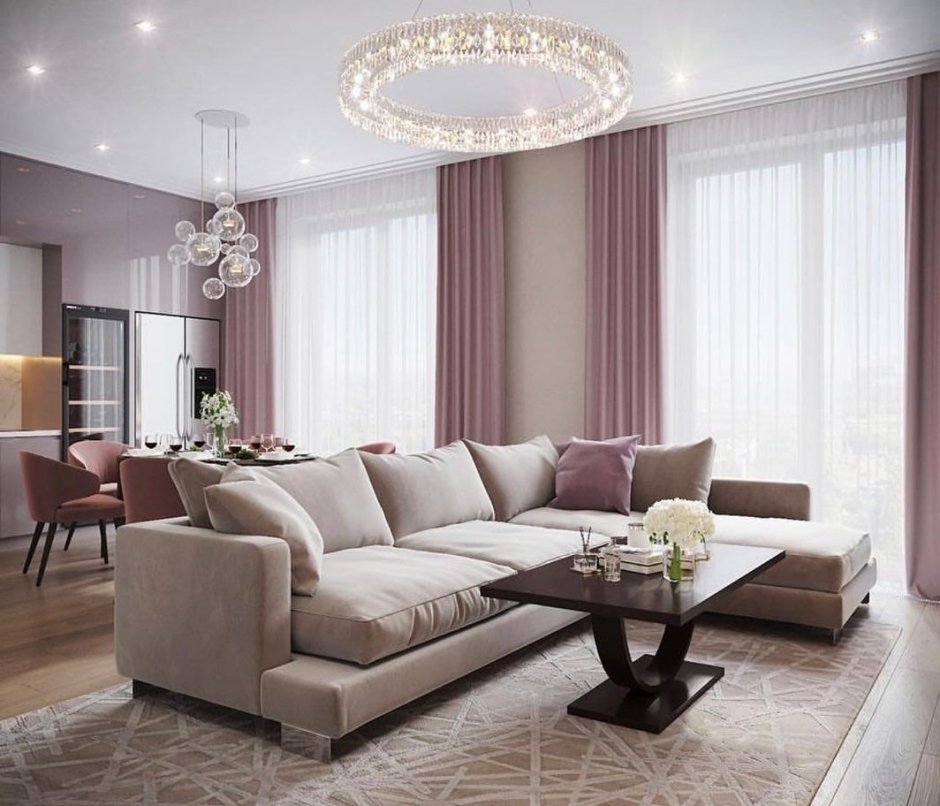 Розовый диван в интерьере гостиной (78 фото)