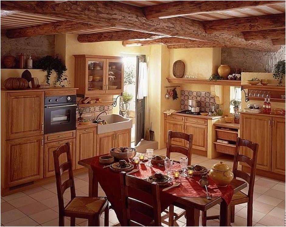 Кухня гостиная в деревенском стиле (81 фото)