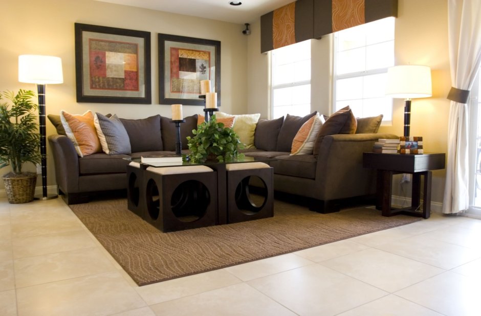 Темно-коричневый диван в интерьере гостиной