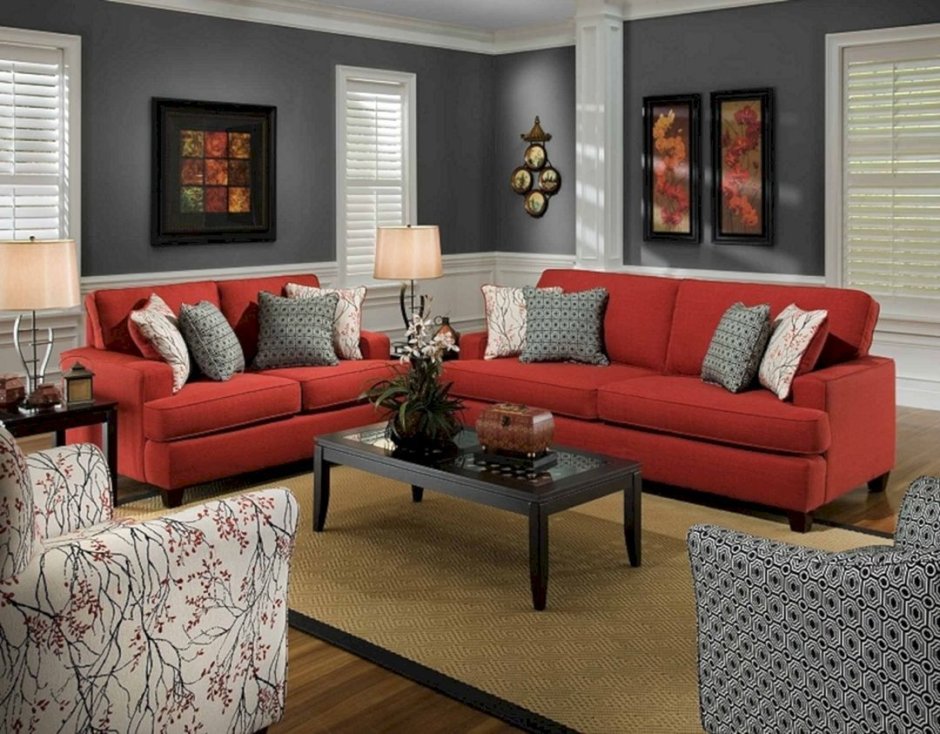 Красная мебель в интерьерах гостиных (71 фото)