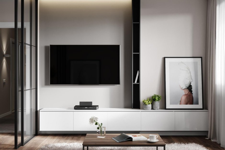 ТВ зона в маленькой гостиной в современном стиле