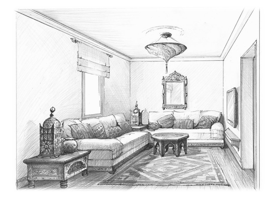 Зарисовки интерьера комнаты в угловой перспективе