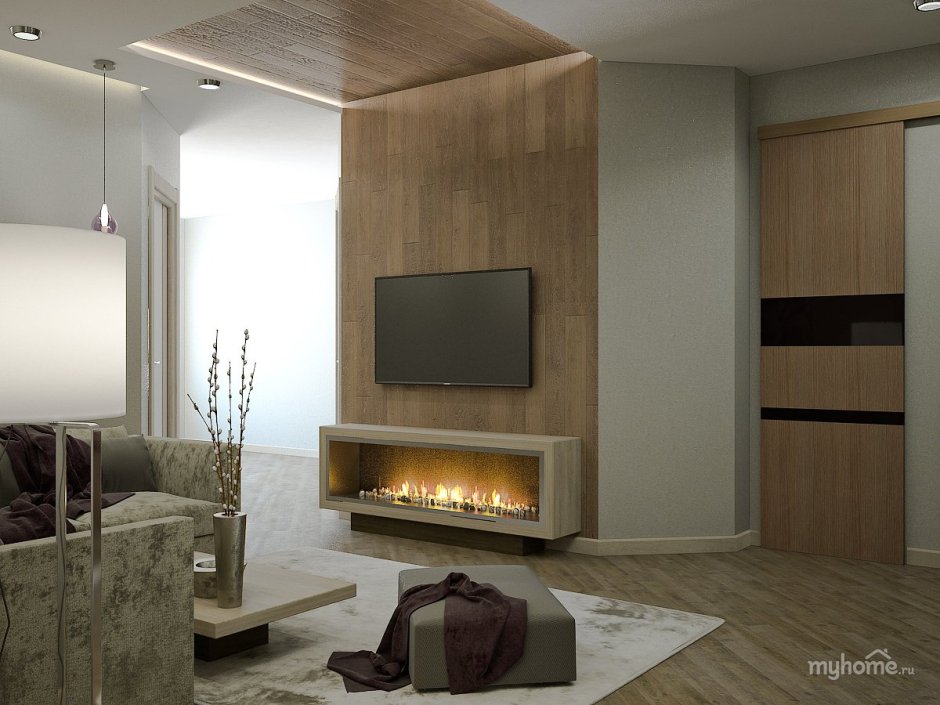 Интерьер гостиной с биокамином и телевизором в квартире