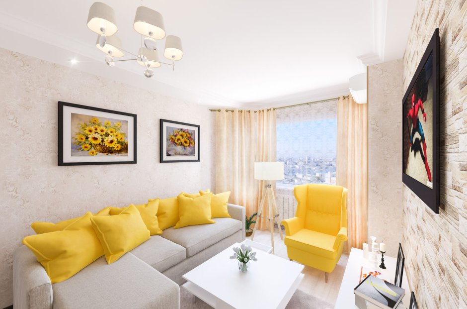 Желто серый интерьер гостиной (74 фото)