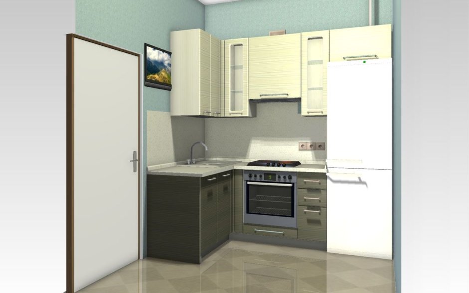 Угловая небольшая кухня с холодильником