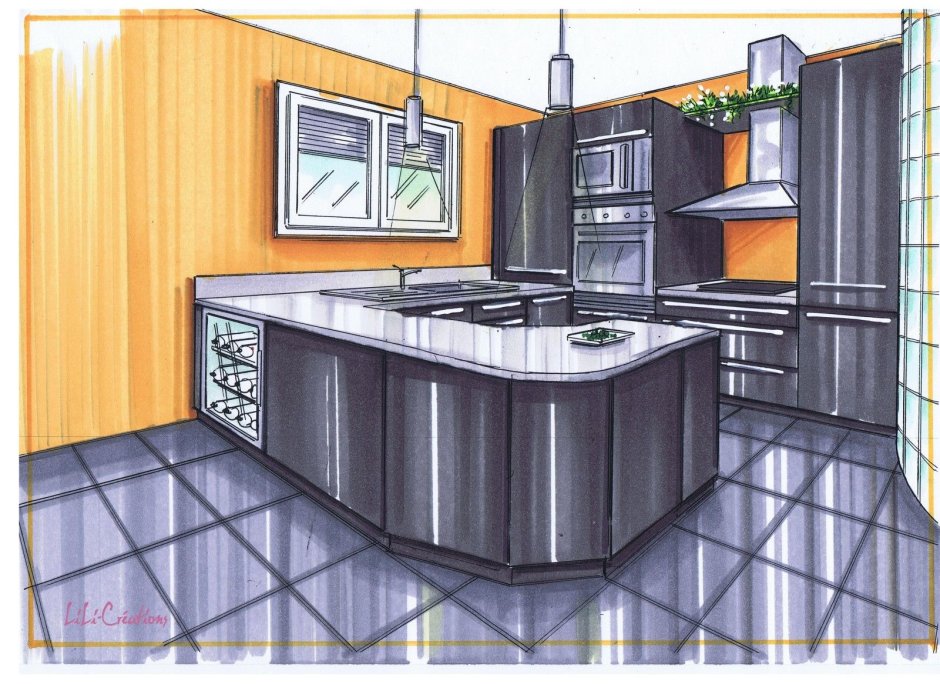 Вид интерьера кухни нарисованный