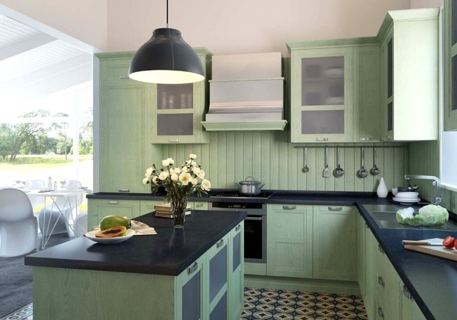 Сочетание серого и зеленого на кухне