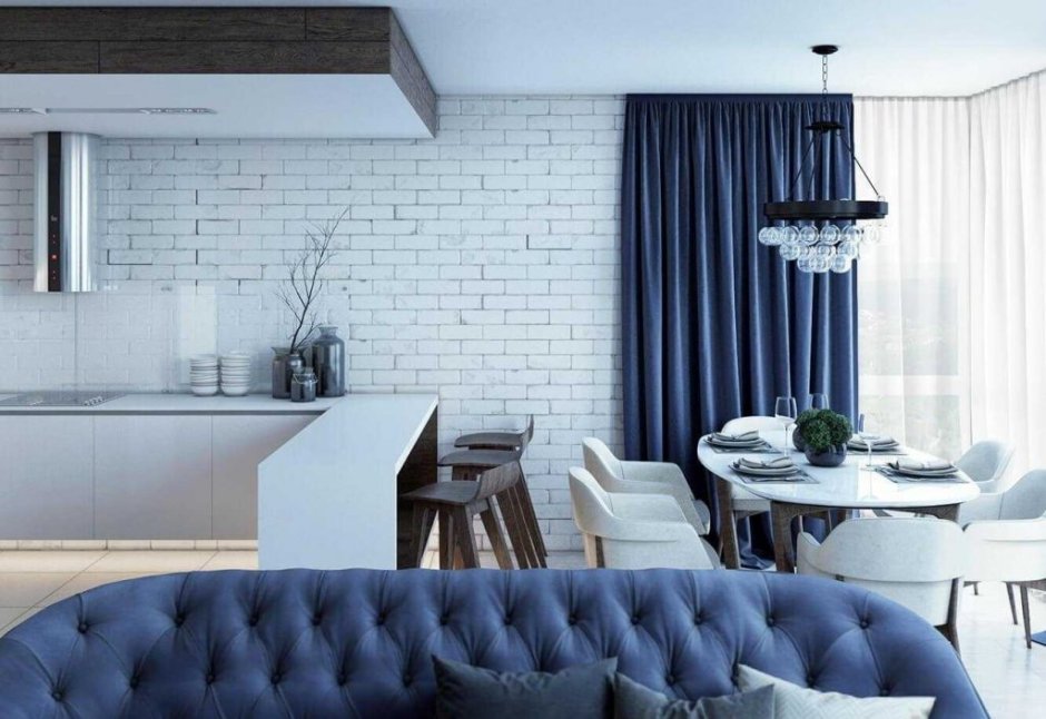 Современная гостиная с синим диваном