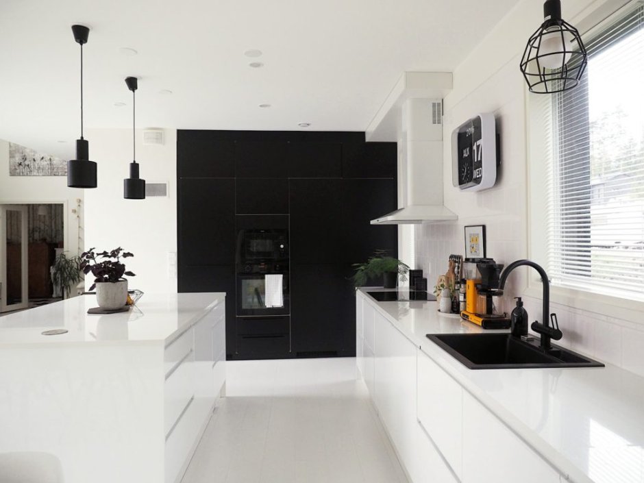 Чёрный холодильник в интерьере светлой кухни