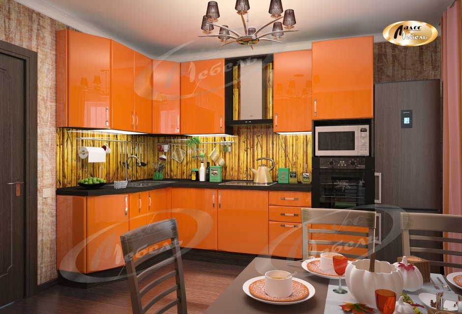 Дизайн к оранжевой и венге кухне