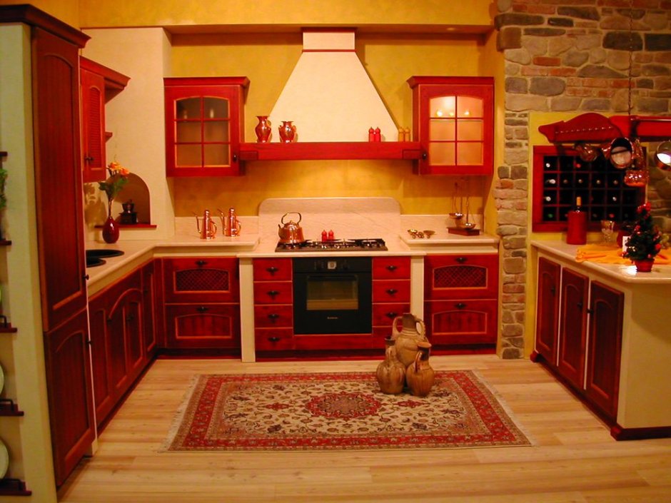 Красная кухня в деревенском стиле