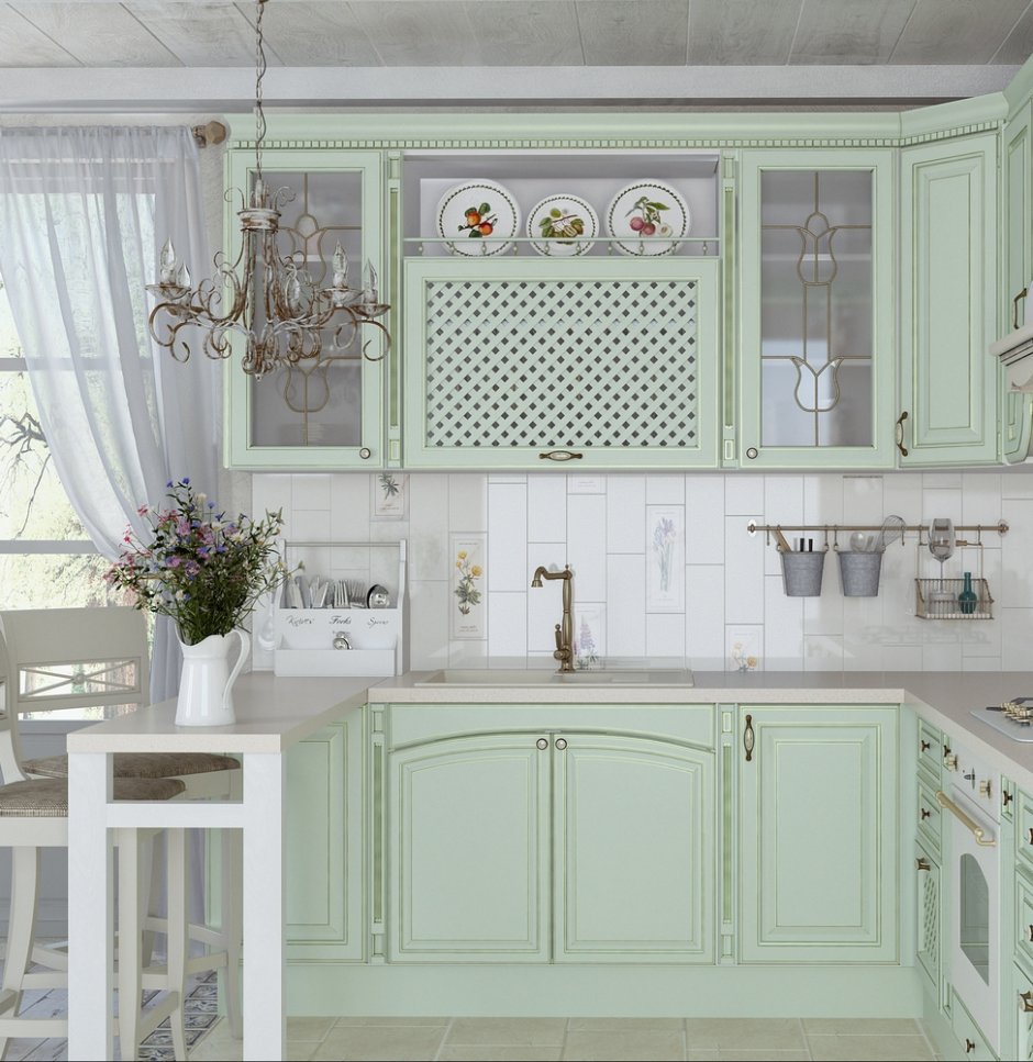 Бело зеленая кухня в стиле Прованс