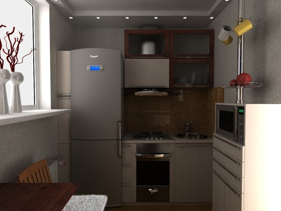 Проект маленькой кухни с холодильником